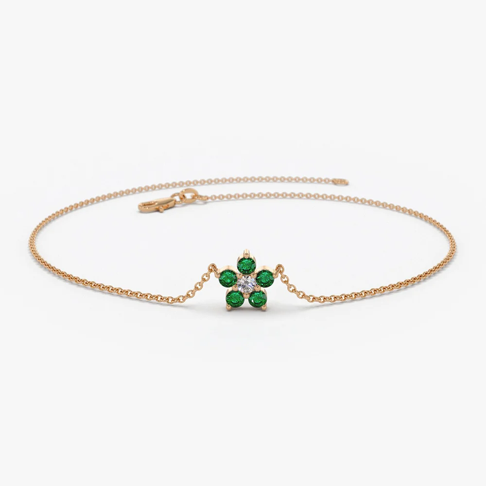 14K Emerald and Diamond Flower Charm Bracelet - Image 3
