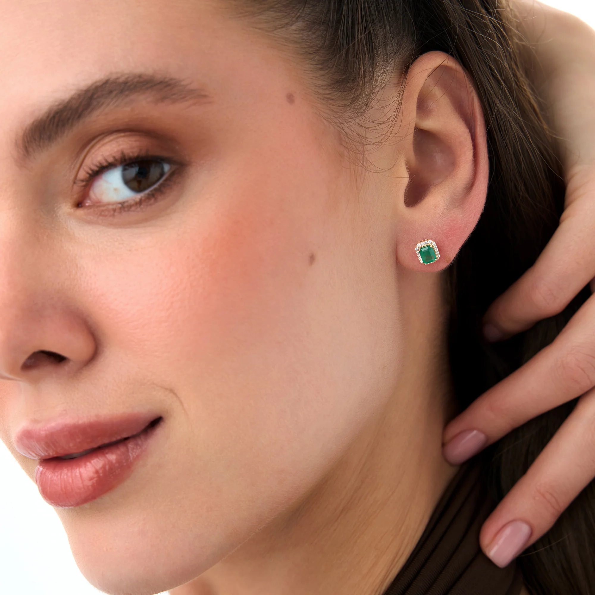 14k Emerald and Diamond Halo Stud Earrings - Image 2