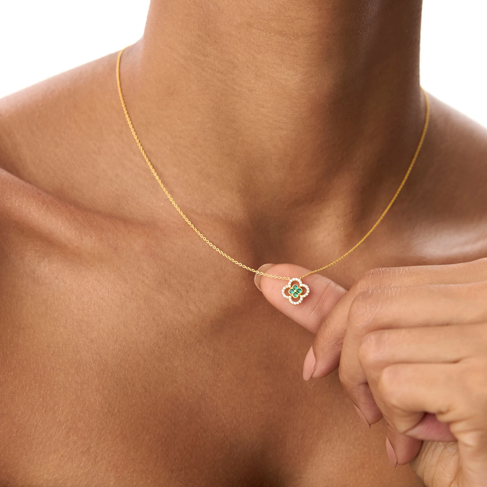 14k Emerald Clover Necklace in Halo Setting - Image 2