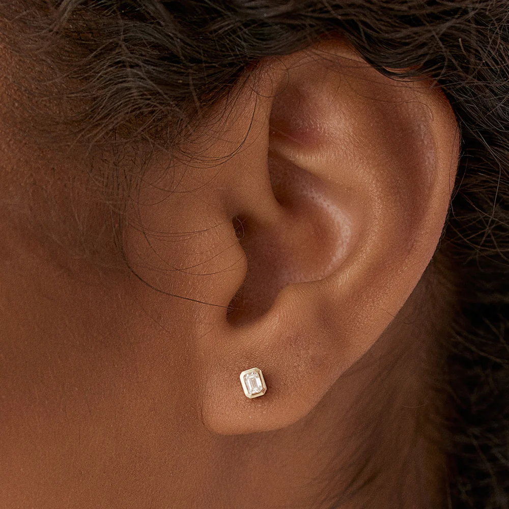 14k Emerald Cut Bezel Setting Stud Earrings - Image 2