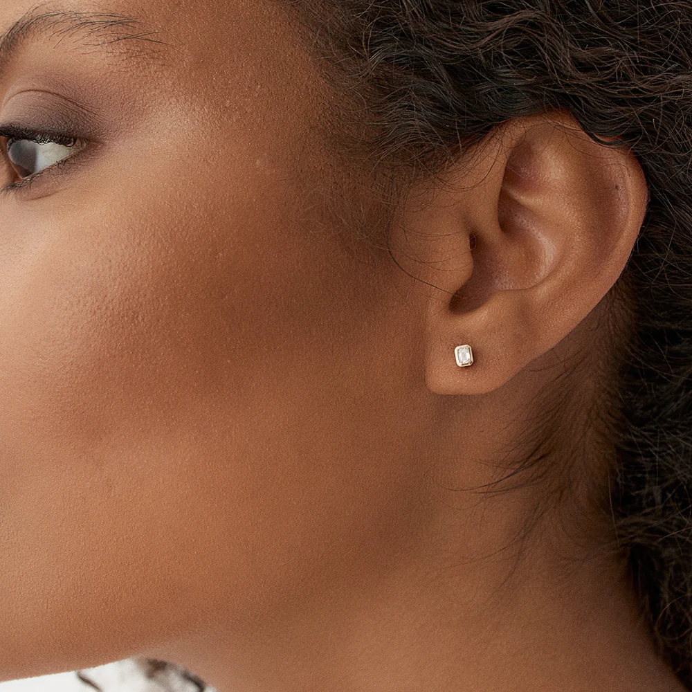 14k Emerald Cut Bezel Setting Stud Earrings - Image 3