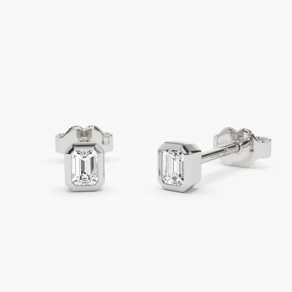 14k Emerald Cut Bezel Setting Stud Earrings - Image 4