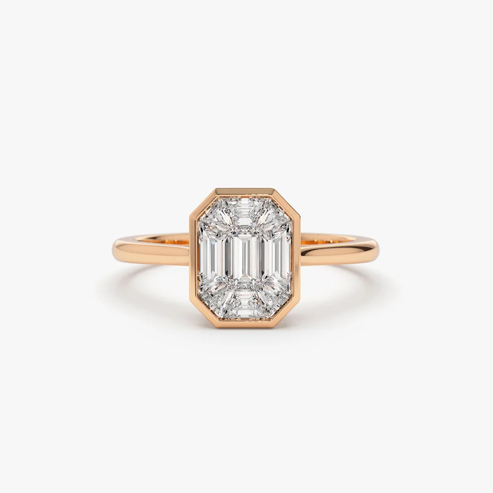 14k Emerald Cut Illusion Mosaic Solitaire Engagement Ring - Image 7