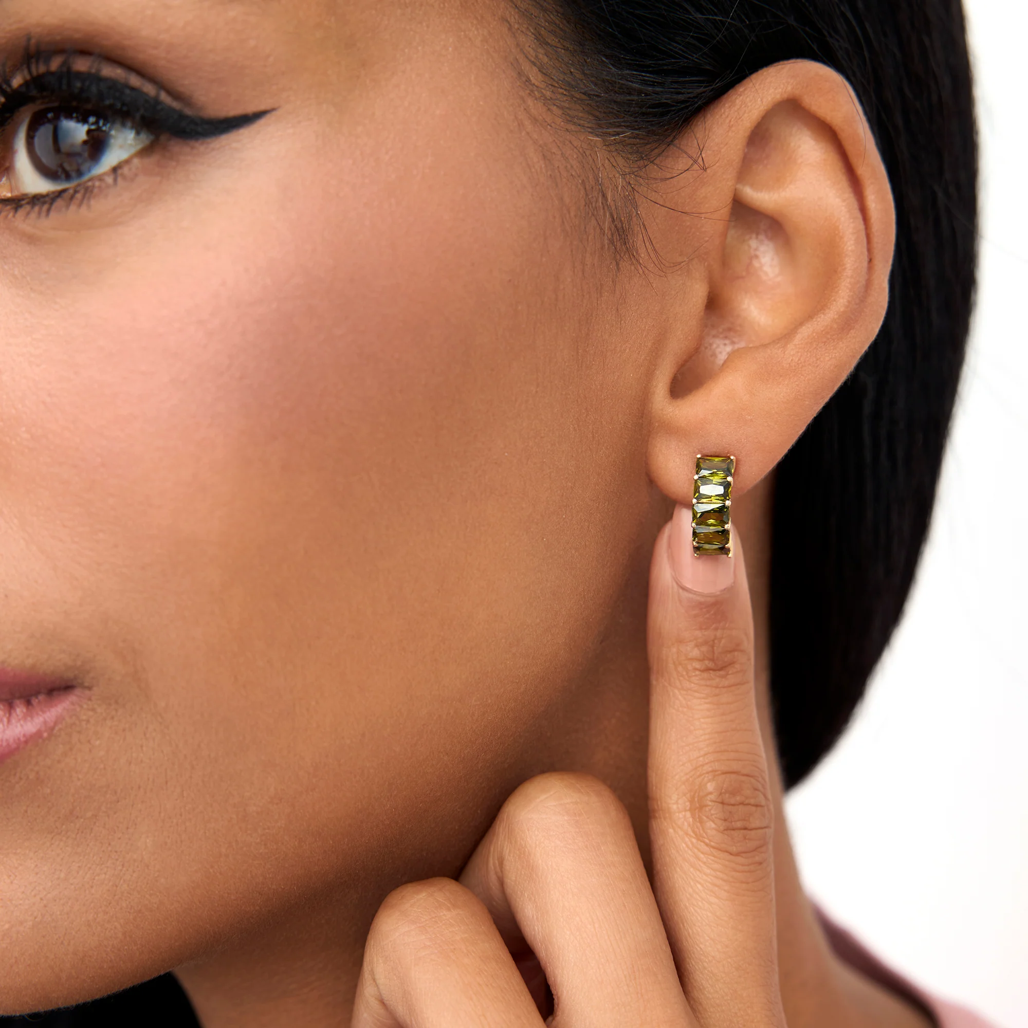 14K Emerald Cut Peridot Half Hoop Earrings - Image 4