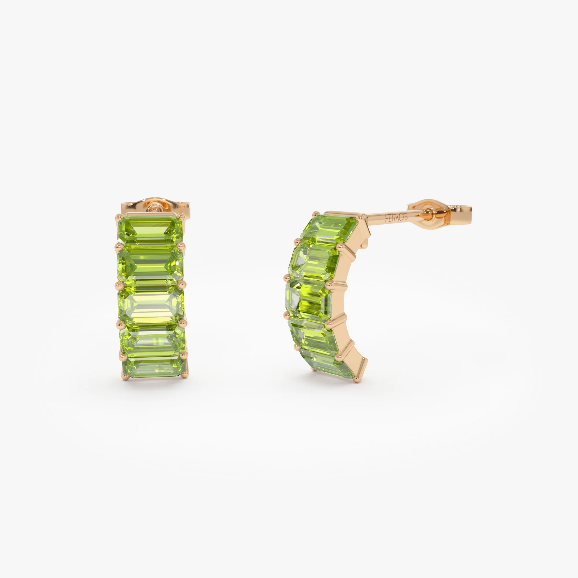 14K Emerald Cut Peridot Half Hoop Earrings - Image 5