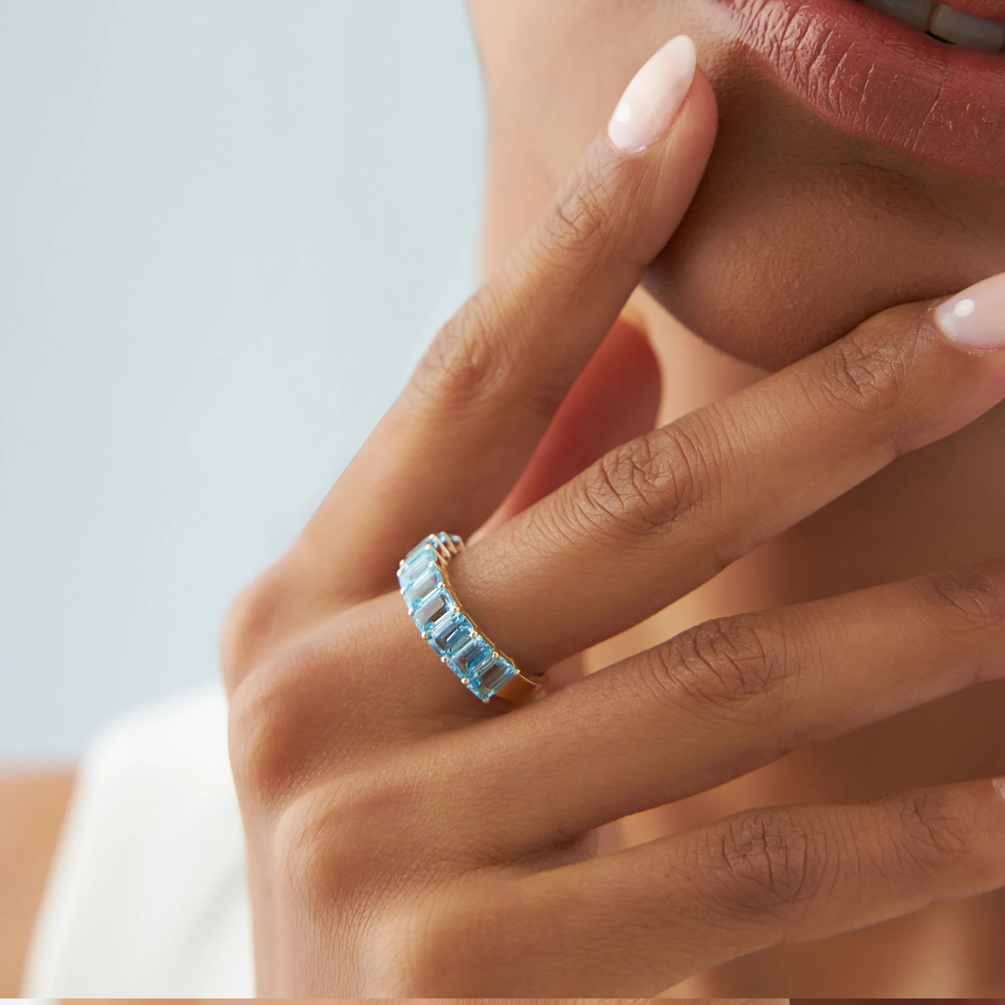 14k Emerald Cut Swiss Blue Topaz Nine Stone Ring 3.00ctw - Image 4