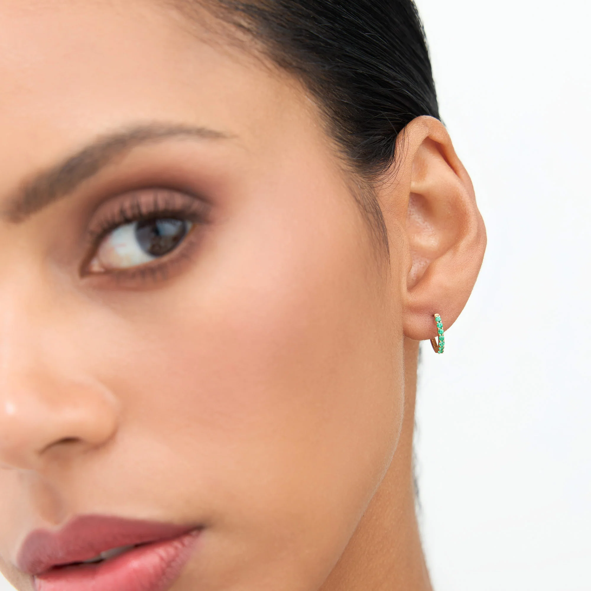 14K Gold Emerald Huggie Hoop Earrings - Image 3