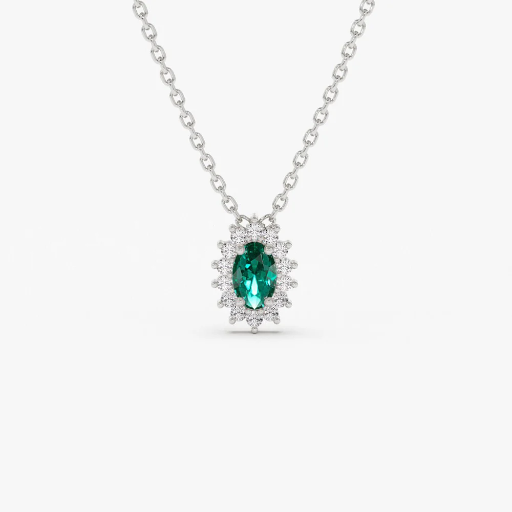 14k Emerald Necklace with Halo Diamonds - Image 5