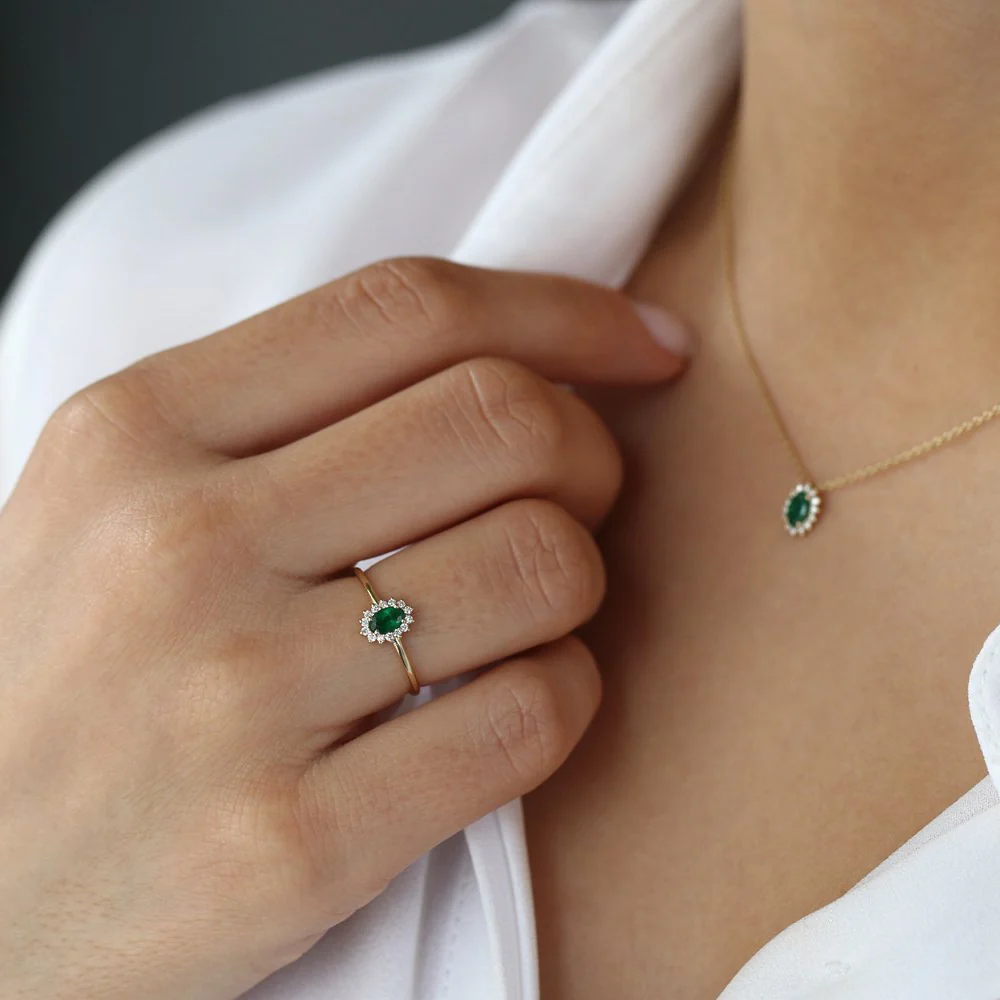 14k Emerald Ring with Halo Diamonds - Image 3