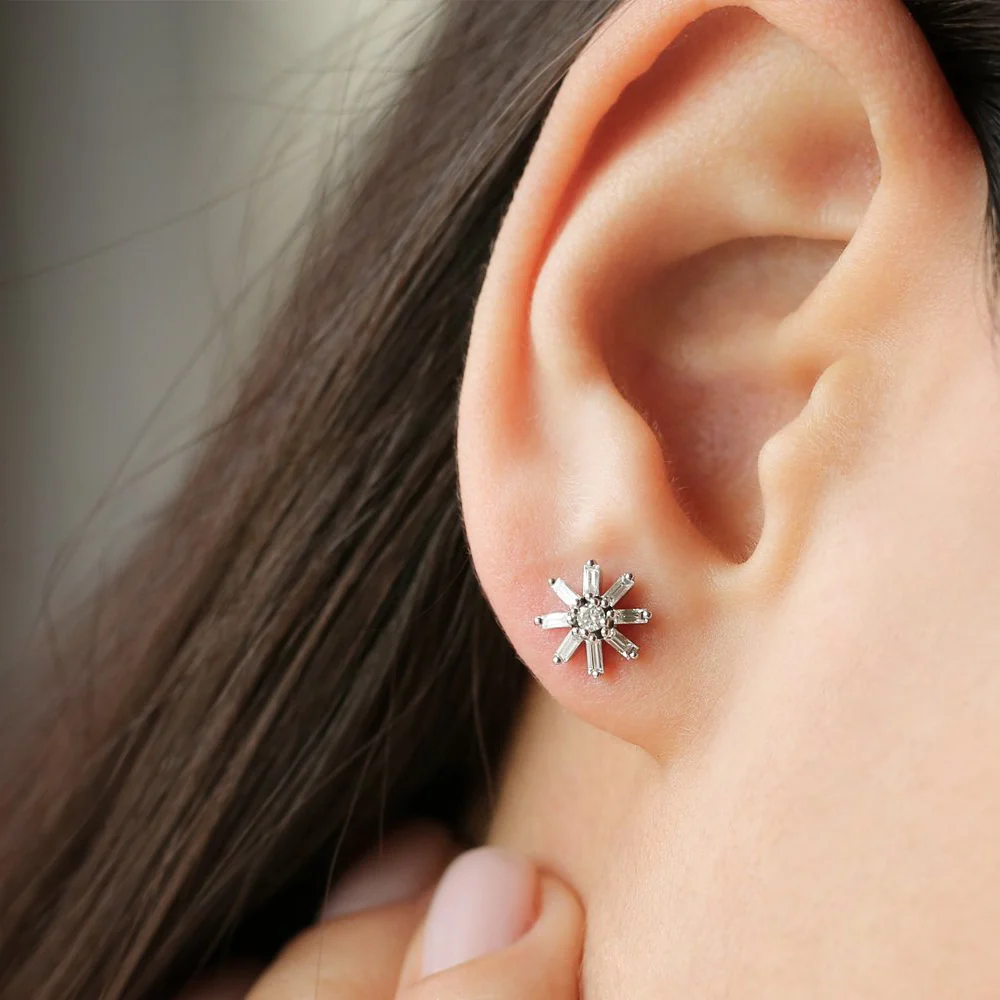 14k Floral Design Baguette Diamond Stud Earrings - Image 4