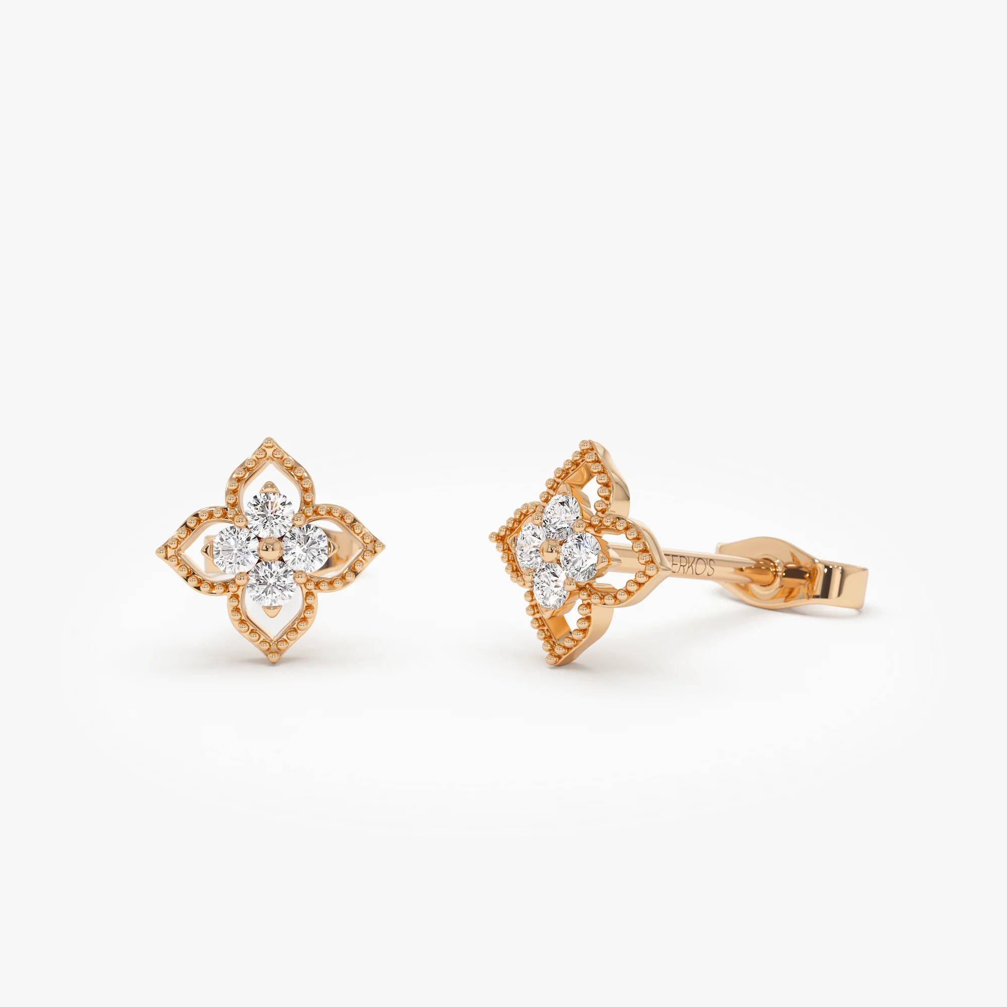 14K Floral Design Diamond Cluster Stud Earrings - Image 5