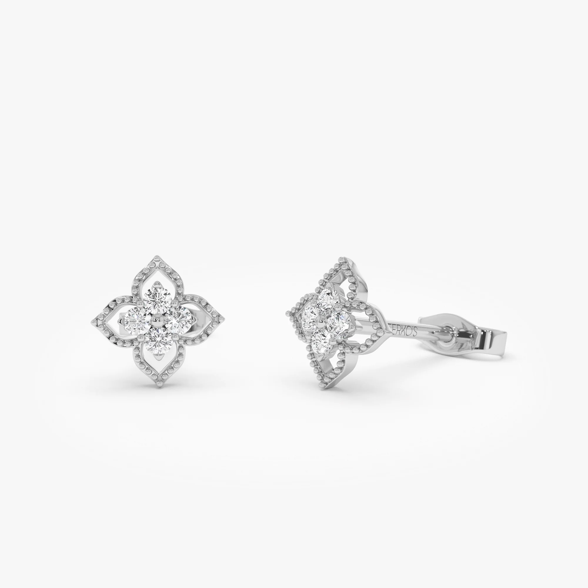 14K Floral Design Diamond Cluster Stud Earrings - Image 6