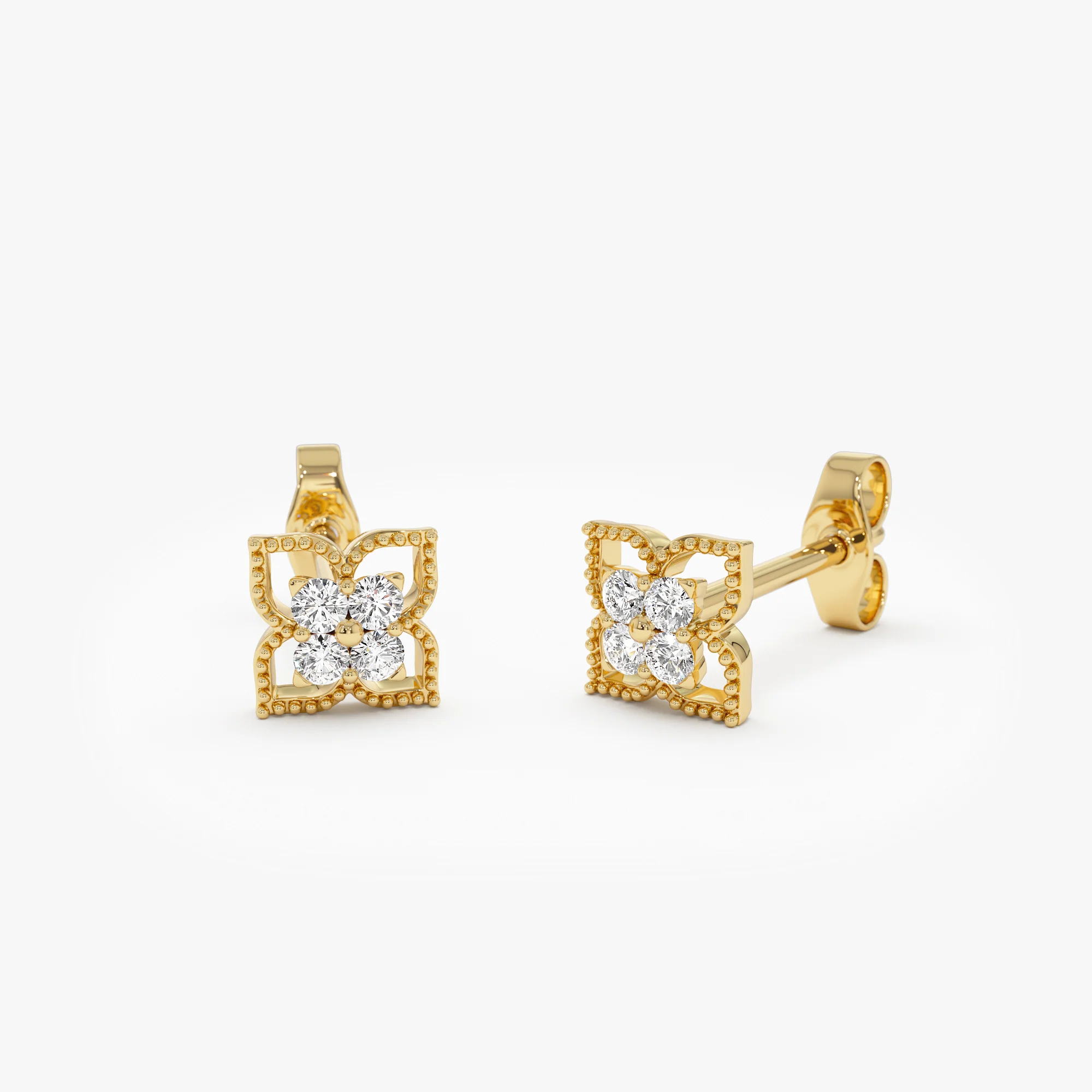 14K Floral Design Diamond Cluster Stud Earrings - Image 8