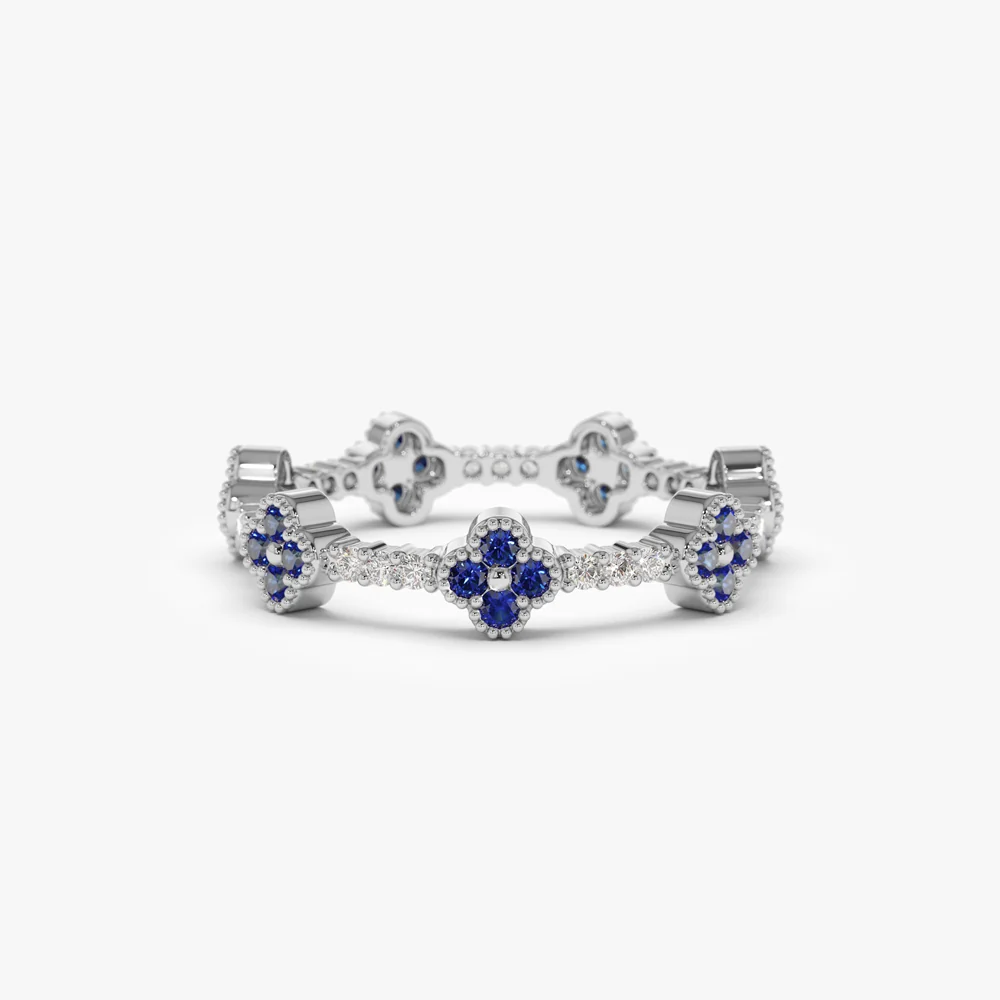 14k Full Eternity Clover Sapphire and Diamond Ring - Image 5