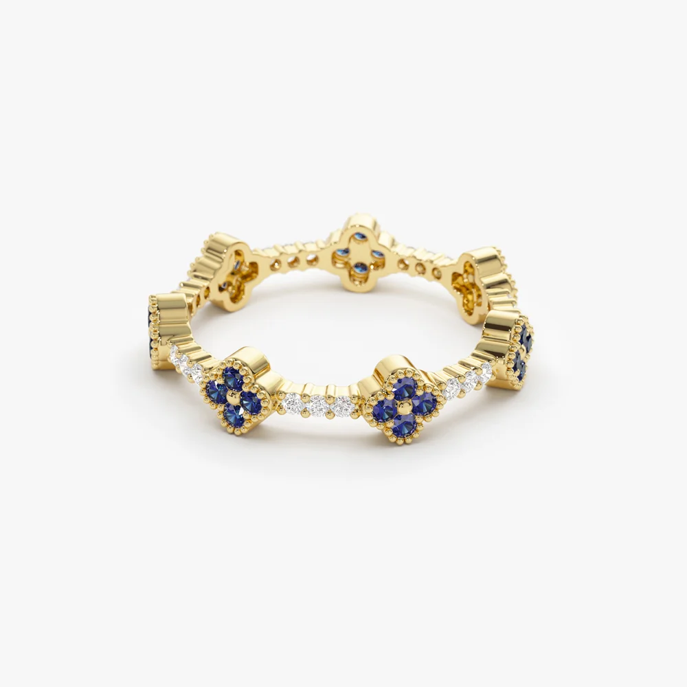 14k Full Eternity Clover Sapphire and Diamond Ring - Image 7