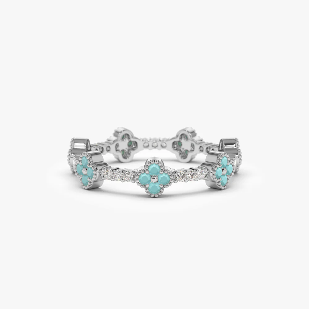 14k Full Eternity Clover Turquoise and Diamond Ring - Image 3