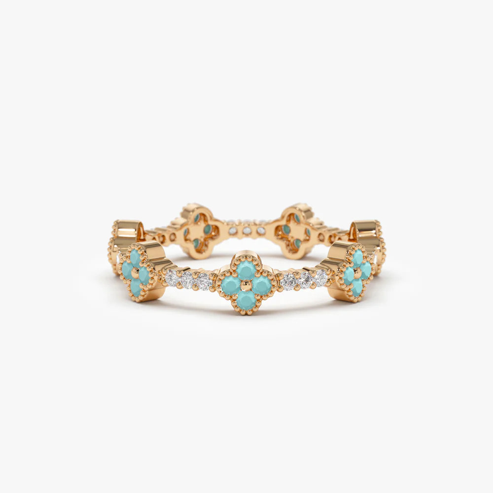 14k Full Eternity Clover Turquoise and Diamond Ring - Image 4