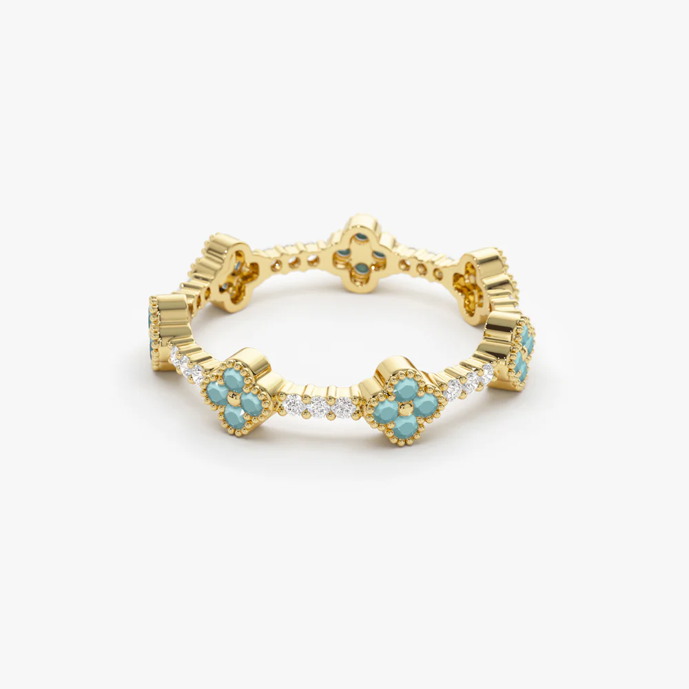 14k Full Eternity Clover Turquoise and Diamond Ring - Image 5