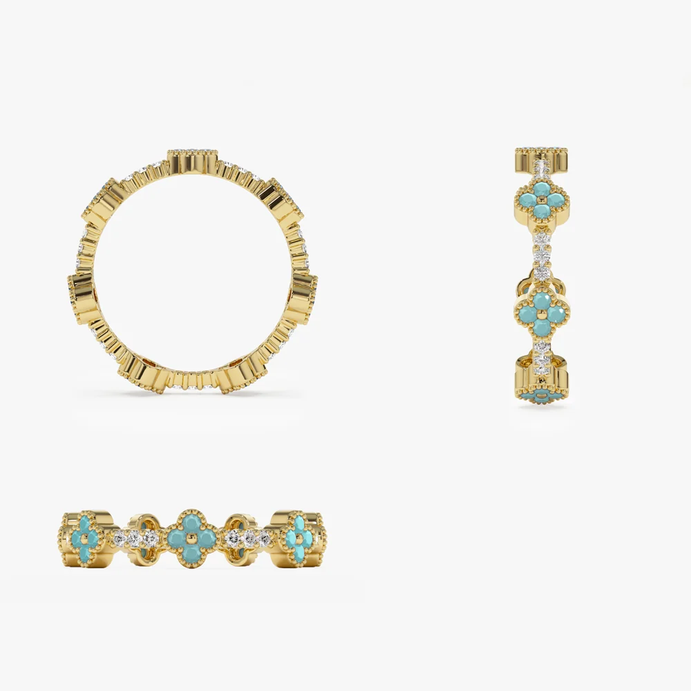 14k Full Eternity Clover Turquoise and Diamond Ring - Image 6