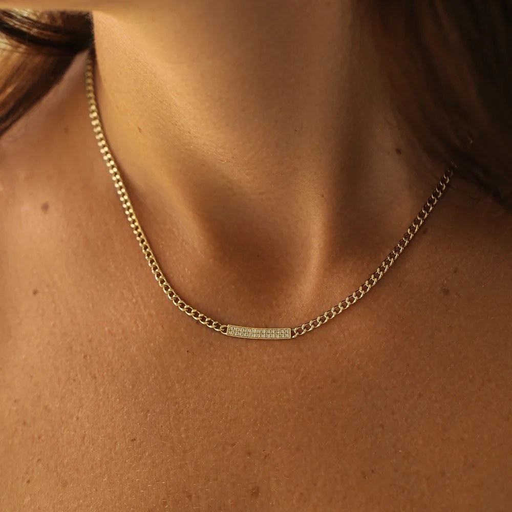 14k Gold 3MM Curb Link Diamond Pave Necklace - Image 3