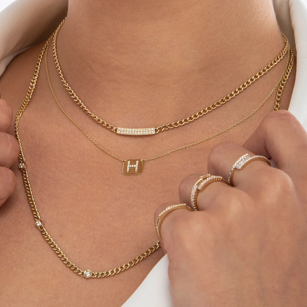 14k Gold 3MM Curb Link Diamond Pave Necklace - Image 4