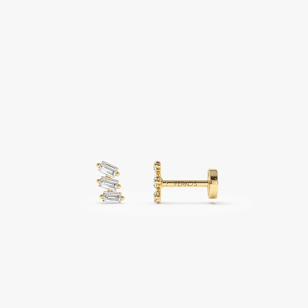 14K Gold Baguette Diamond Climber Flat Back Stud
