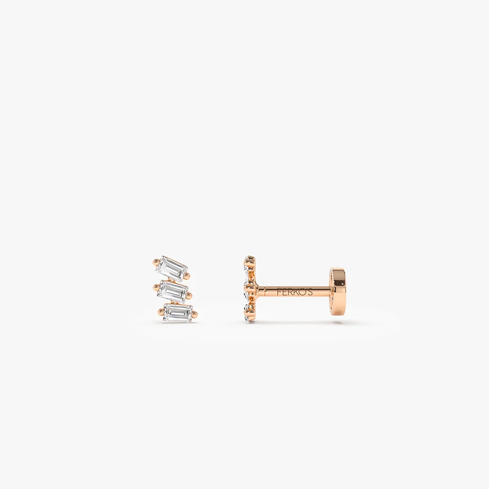 14K Gold Baguette Diamond Climber Flat Back Stud - Image 3