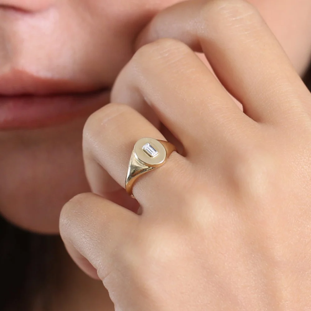 14K Gold Baguette Diamond Signet Ring - Image 3