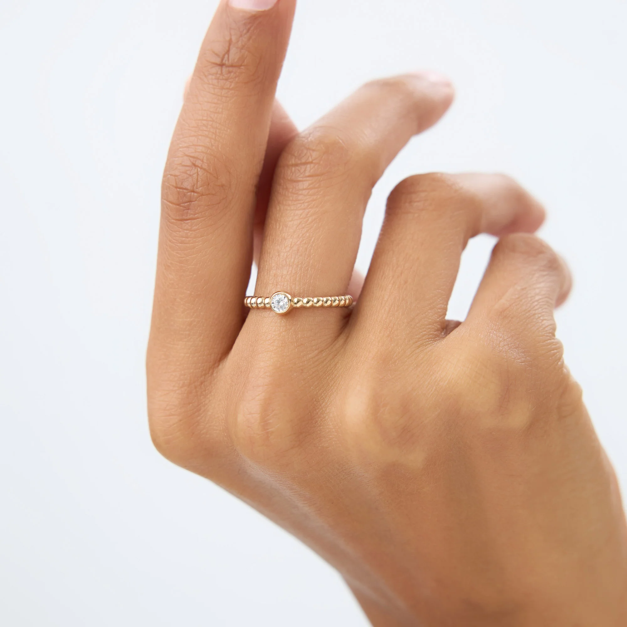 14K Gold Beaded Solitaire Diamond Bezel Ring - Image 5