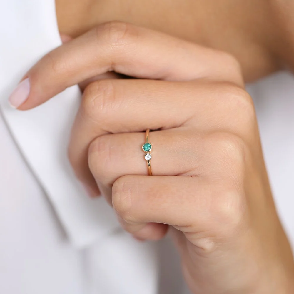 14K Gold Bezel Setting Emerald and Diamond Ring - Image 2