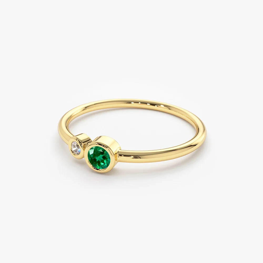 14K Gold Bezel Setting Emerald and Diamond Ring - Image 6