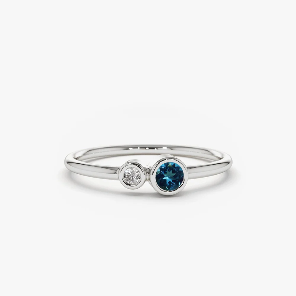14K Gold Bezel Setting London Blue Topaz and Diamond Ring - Image 5