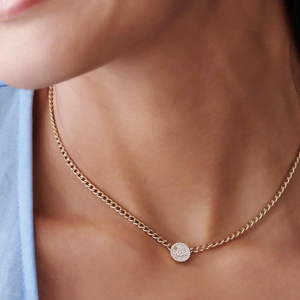 14k Gold Curb Link Baguette Diamond Disc Cluster Necklace - Image 4