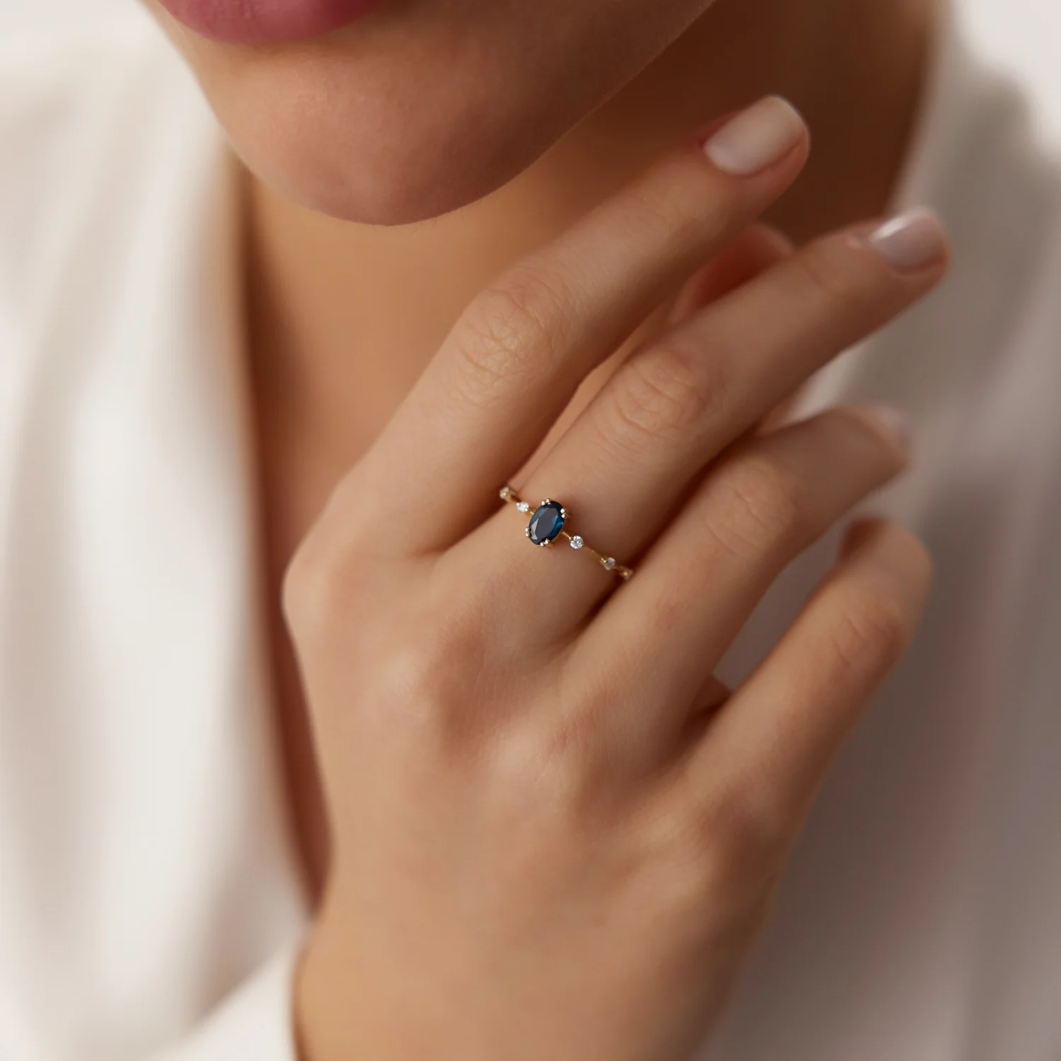 14k Gold Dainty Diamond Genuine Sapphire Ring - Image 3