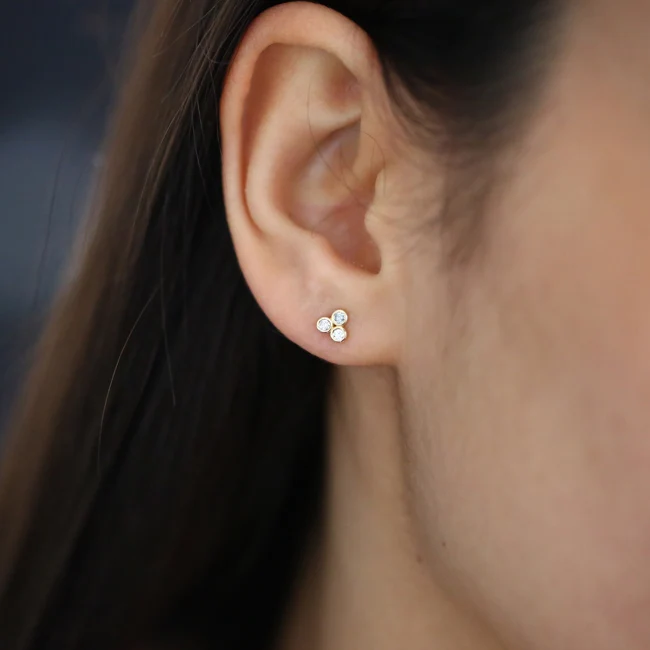 14K Gold Dainty Round Cut Diamond Trio Stud Earring - Image 2