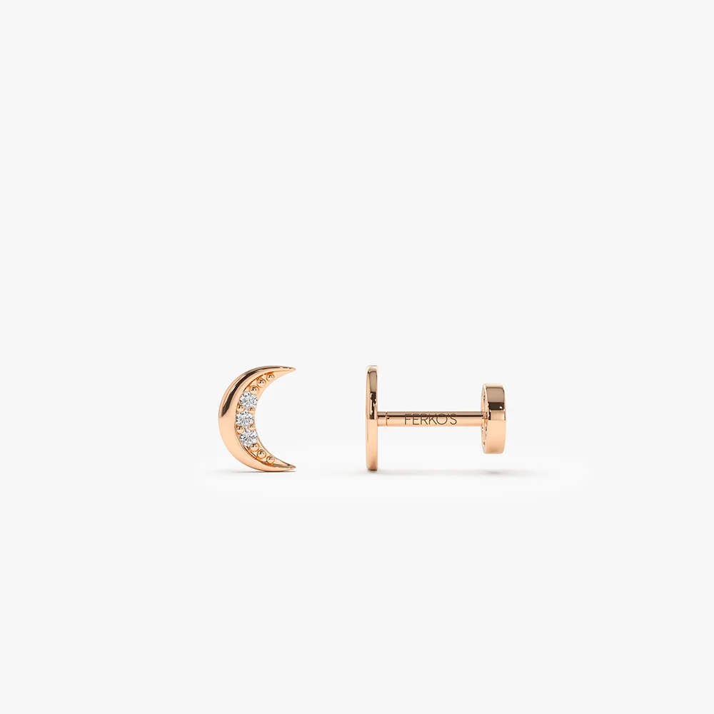 14K Gold Diamond Crescent Moon Flat Back Stud - Image 3