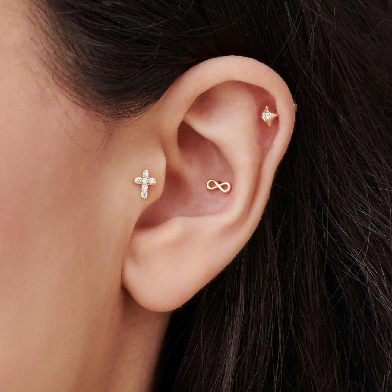14K Gold Diamond Cross Flat Back Piercing Stud - Image 2