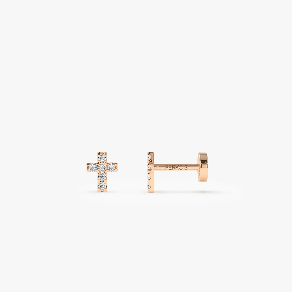 14K Gold Diamond Cross Flat Back Piercing Stud - Image 3
