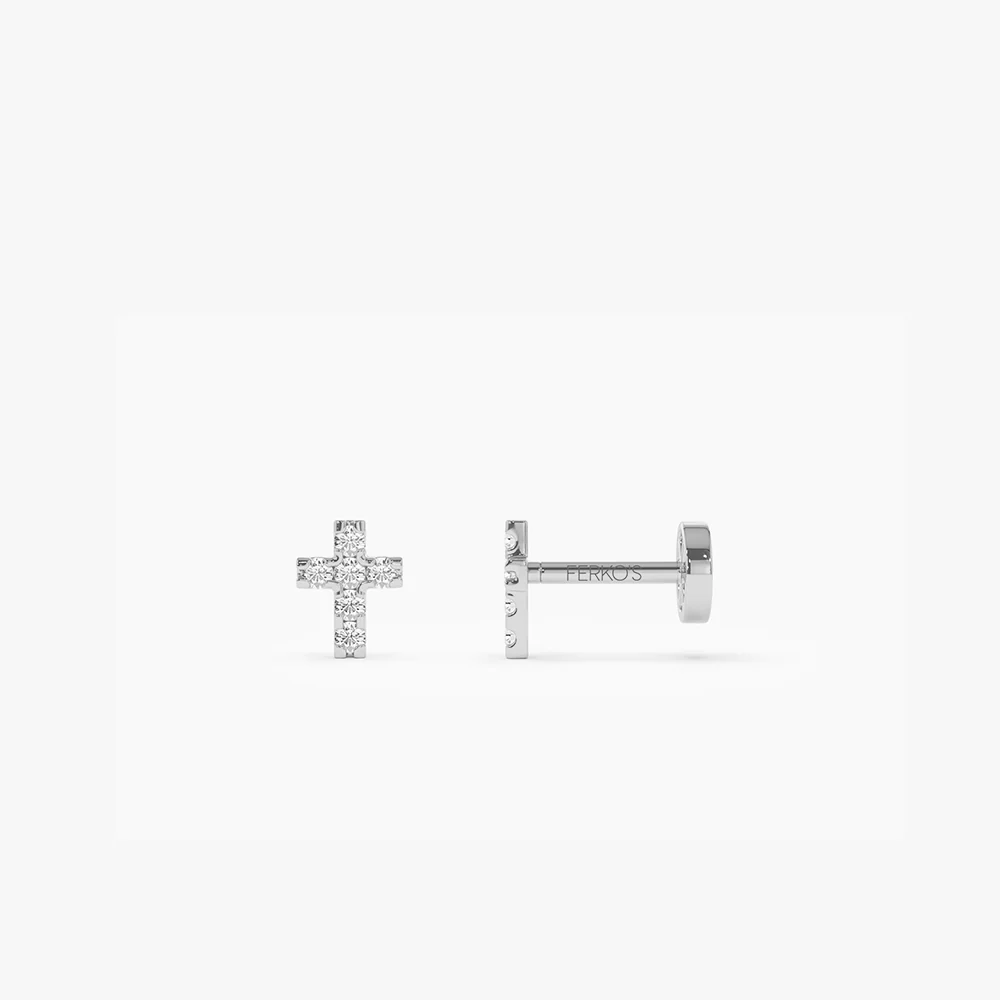 14K Gold Diamond Cross Flat Back Piercing Stud - Image 4