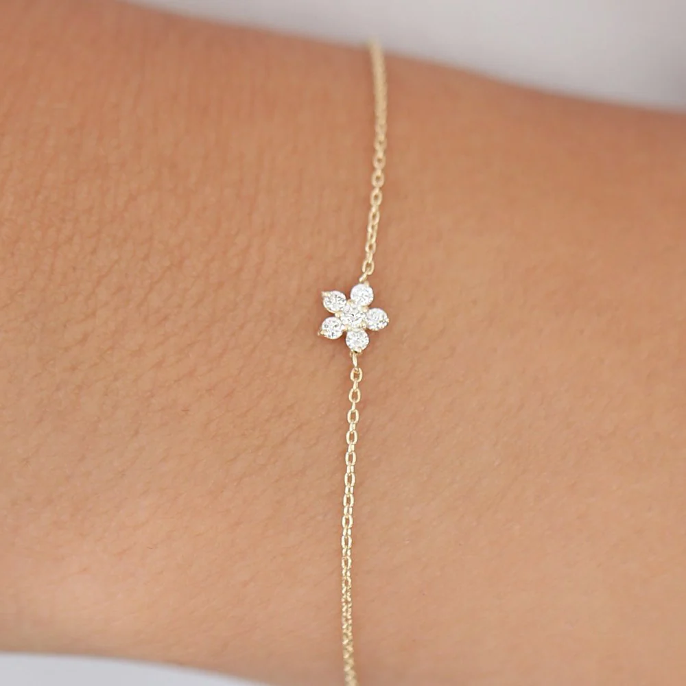14K Gold Diamond Flower Charm Bracelet - Image 3