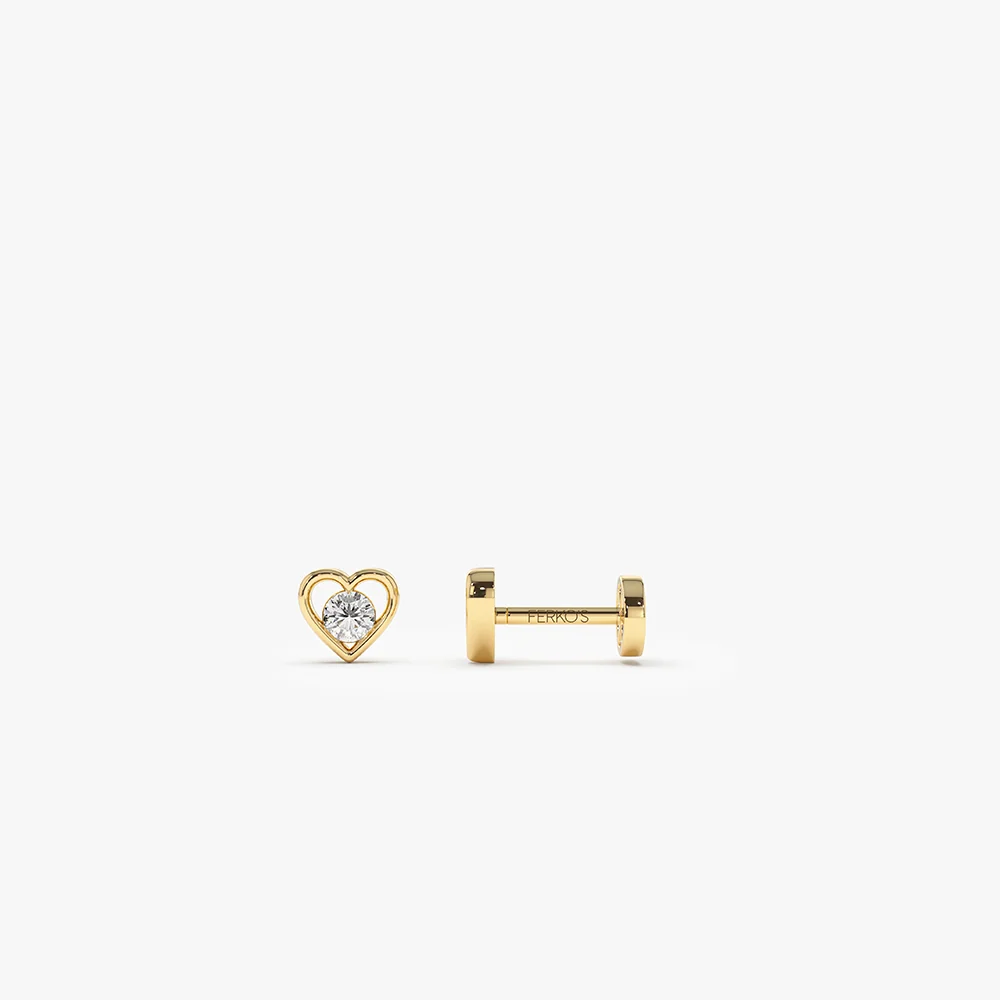 14K Gold Diamond Heart Internally Threaded Flat Back Stud