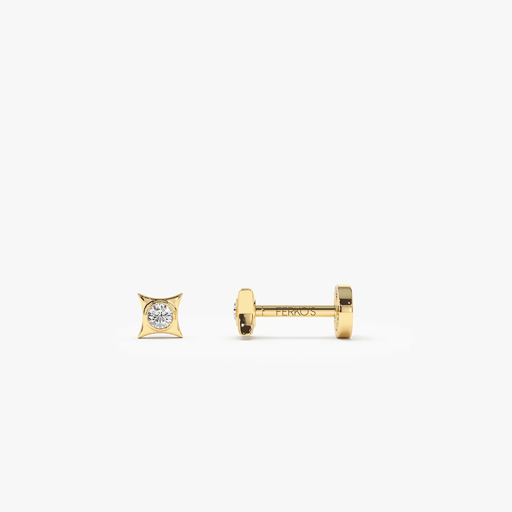 14K Gold Diamond Pyramid Internally Threaded Flat Back Stud