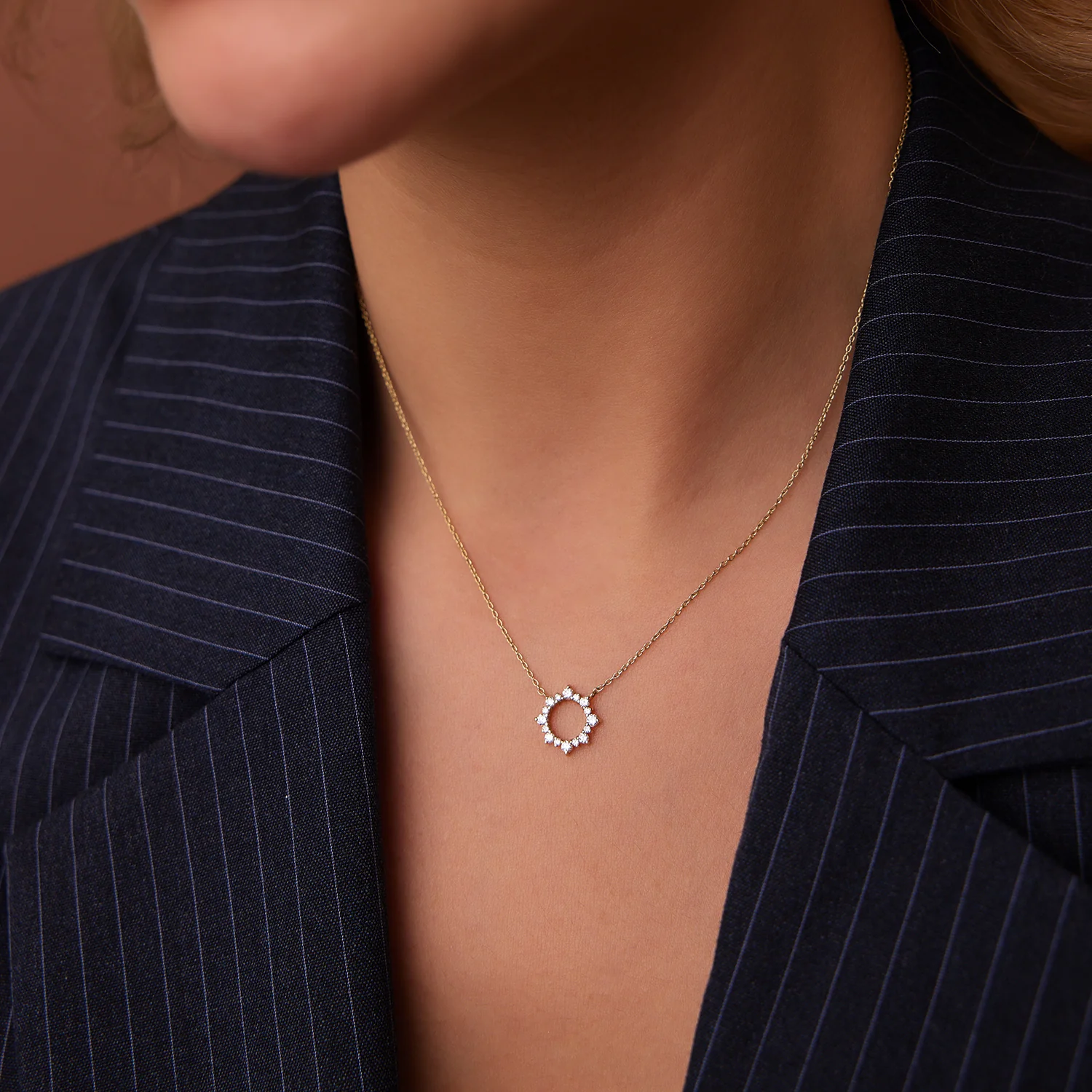 14K Gold Diamond Sun Circle Necklace - Image 4