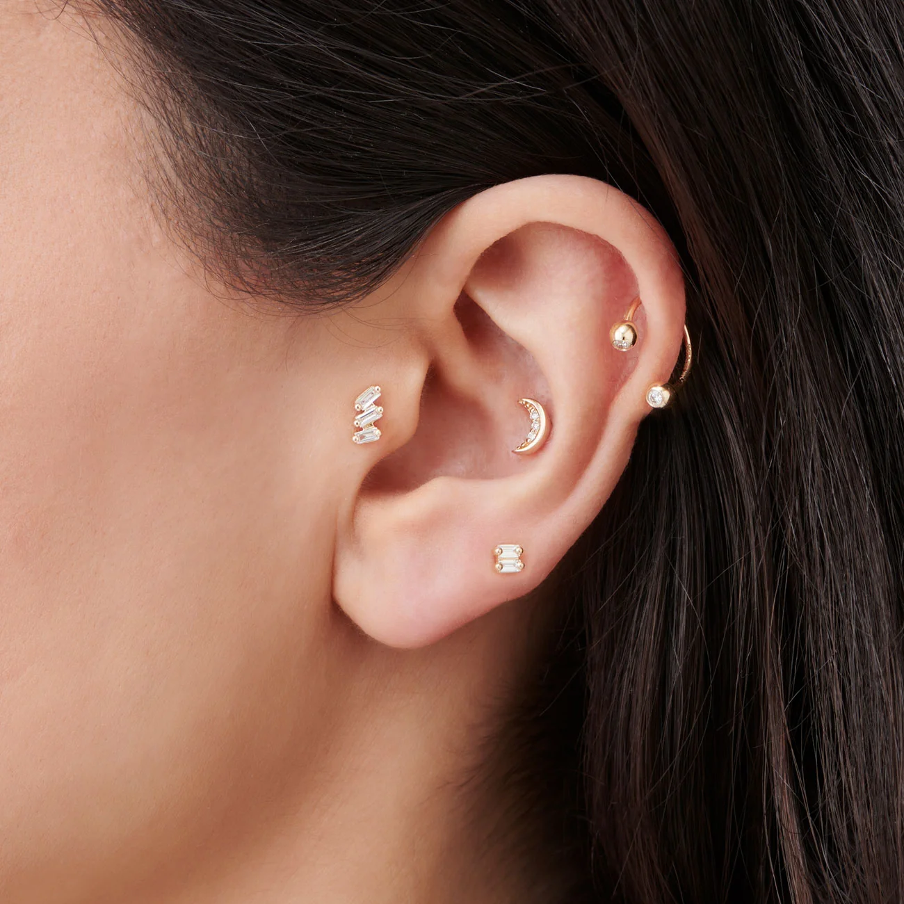 14K Gold Double Baguette Diamond Flat Back Piercing Stud - Image 2