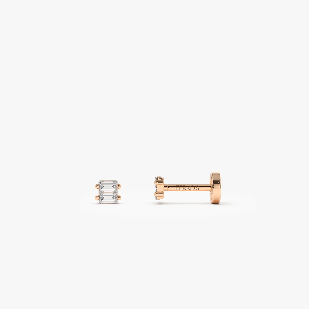 14K Gold Double Baguette Diamond Flat Back Piercing Stud - Image 3