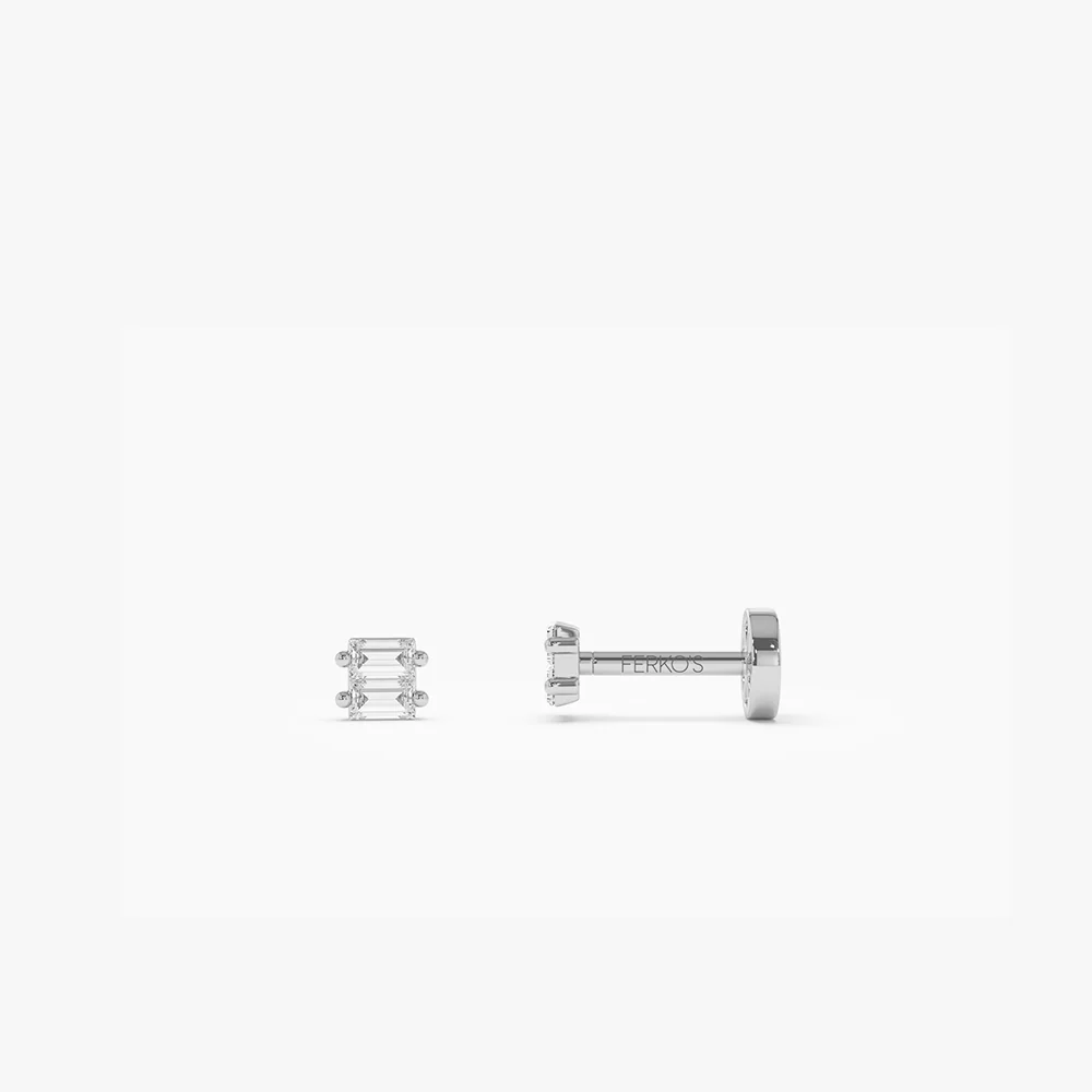 14K Gold Double Baguette Diamond Flat Back Piercing Stud - Image 4