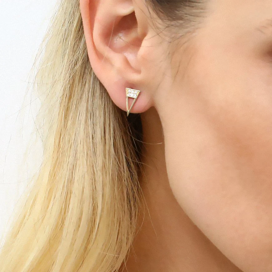 14K Gold Elongated Triangle Earrings with Micro Pave Diamonds - Image 2