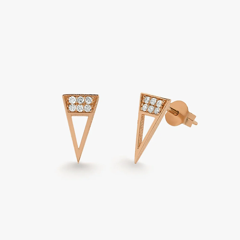 14K Gold Elongated Triangle Earrings with Micro Pave Diamonds - Image 3