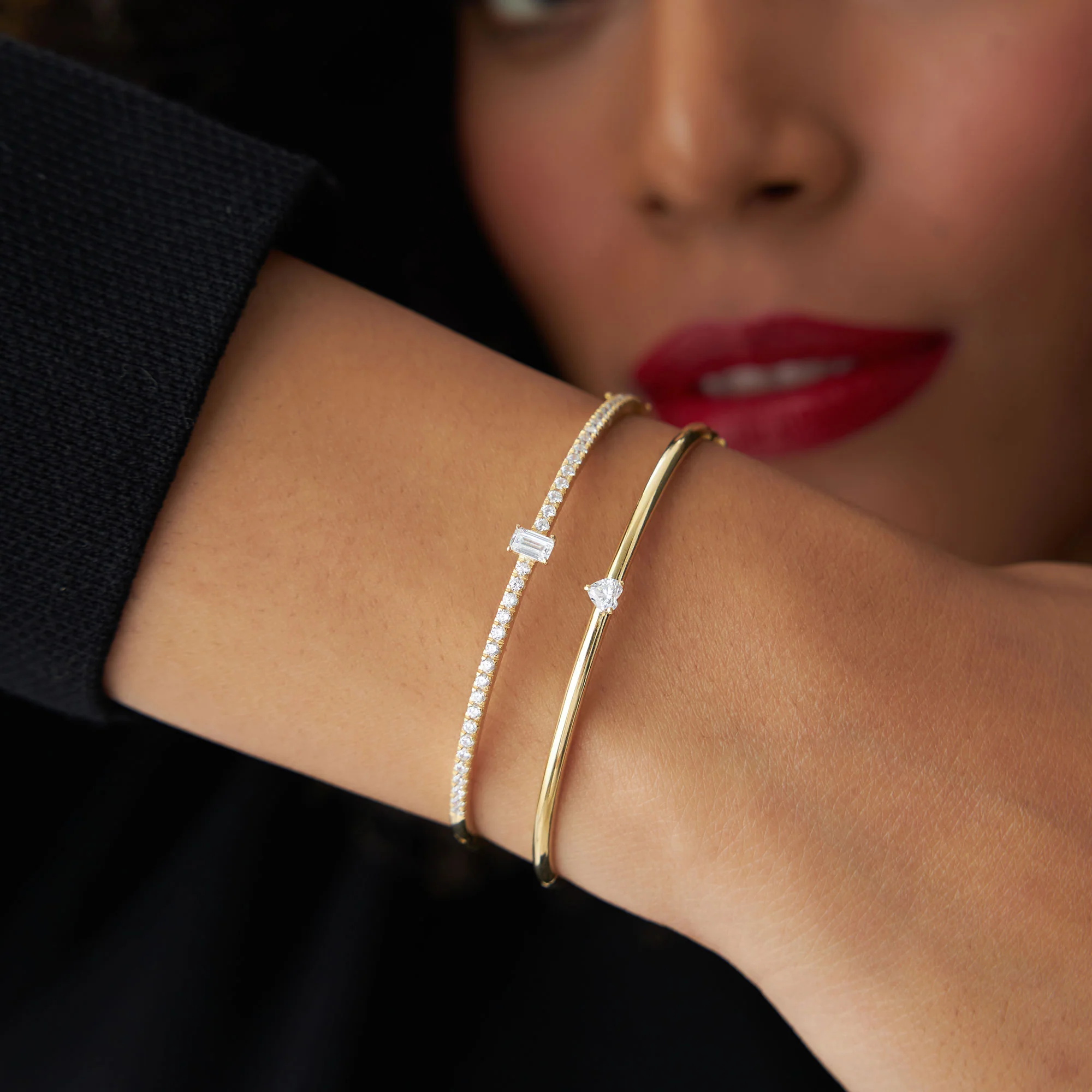 14k Gold Emerald Cut and Round Diamond Bangle - Image 2