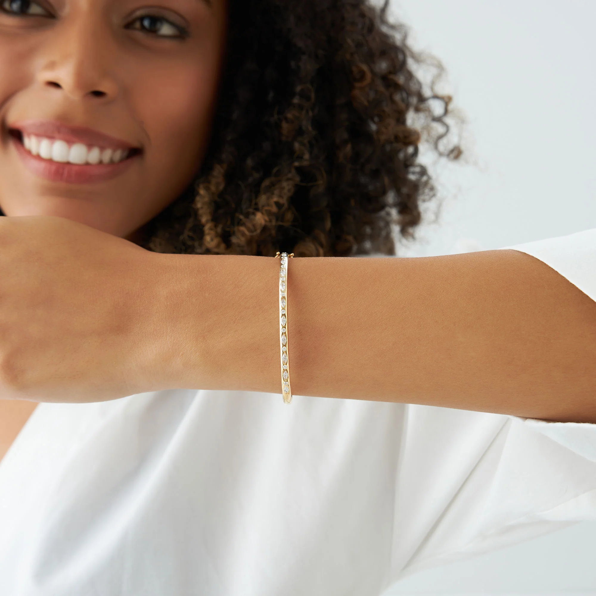 14k Flush Setting Marquise Shaped and Round Diamond Bangle - Image 3
